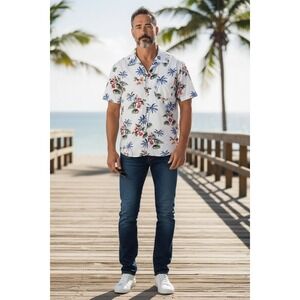 American Heritage Button Down Mens White Tropical Floral Slim Fit Large